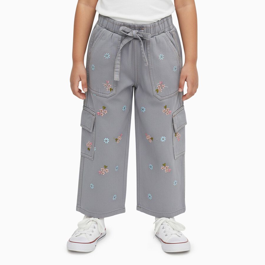 Girls' Light Grey Wide-Leg Embroidered Cargo Jeans, Light Grey, large