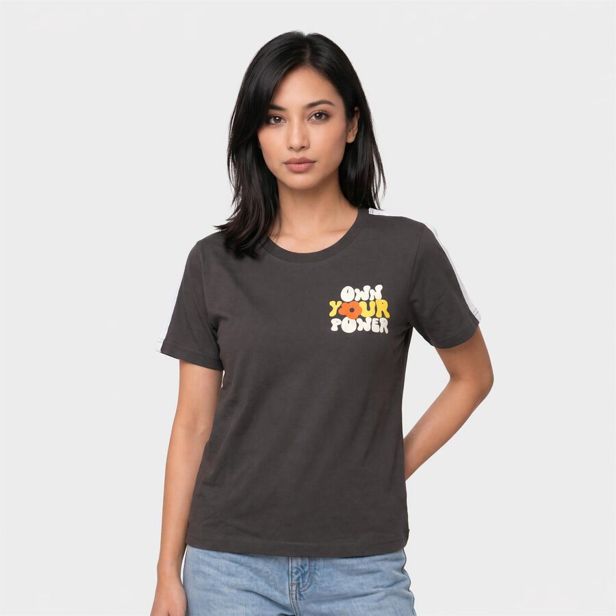 Women Charcoal Round Neck Regular T-Shirt, Dark Grey, large