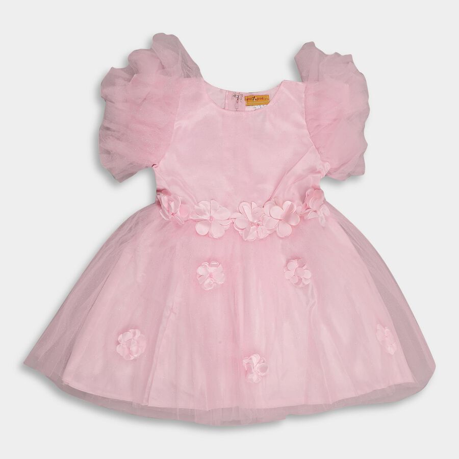 Girls' Soft Pink Round Neck Romantic Frock, गुलाबी, large image number null