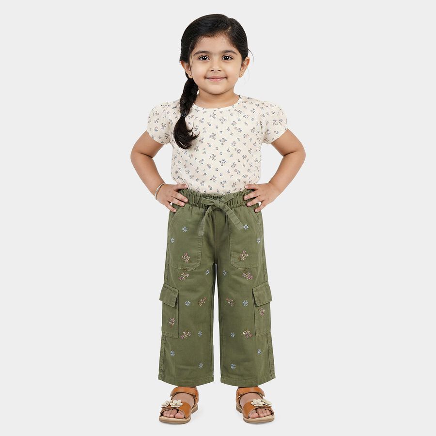Girls' Olive Green Regular Fit Embroidered Cargo Jeans, Light Green, large