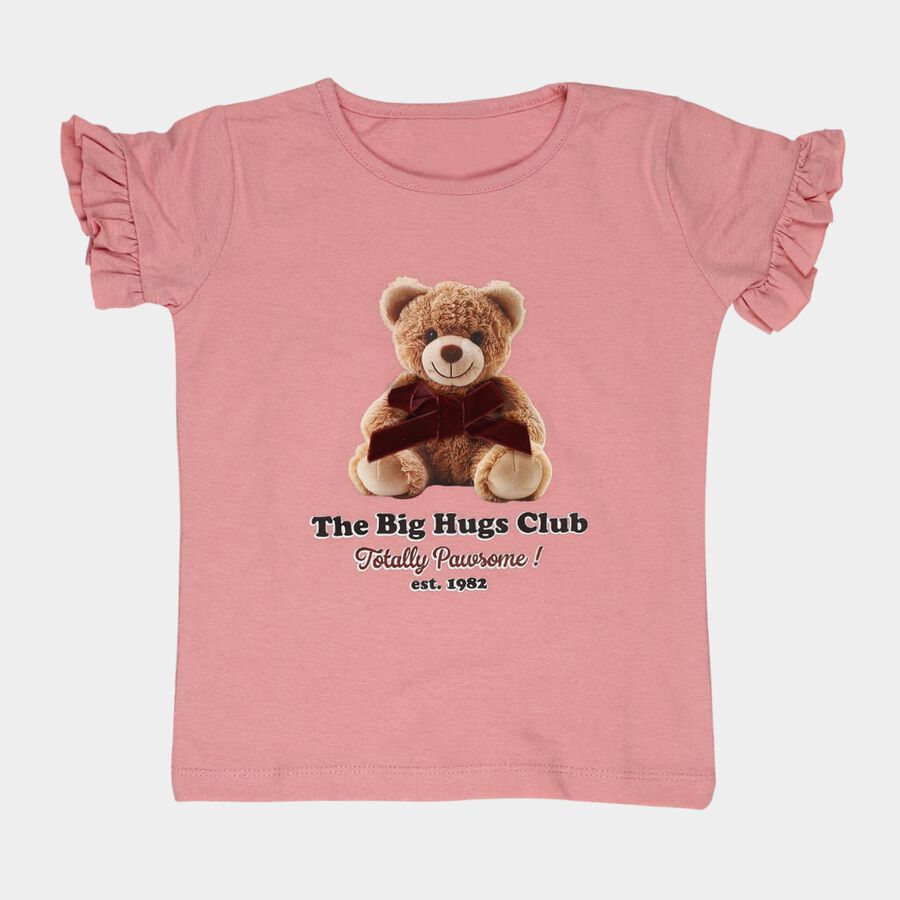 Girls' Pink Cotton Round Neck Ruffle Sleeve T-Shirt, हल्का गुलाबी, large