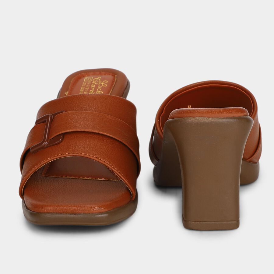 Women's Tan Slip-On Block Heel Sandals, Tan, large
