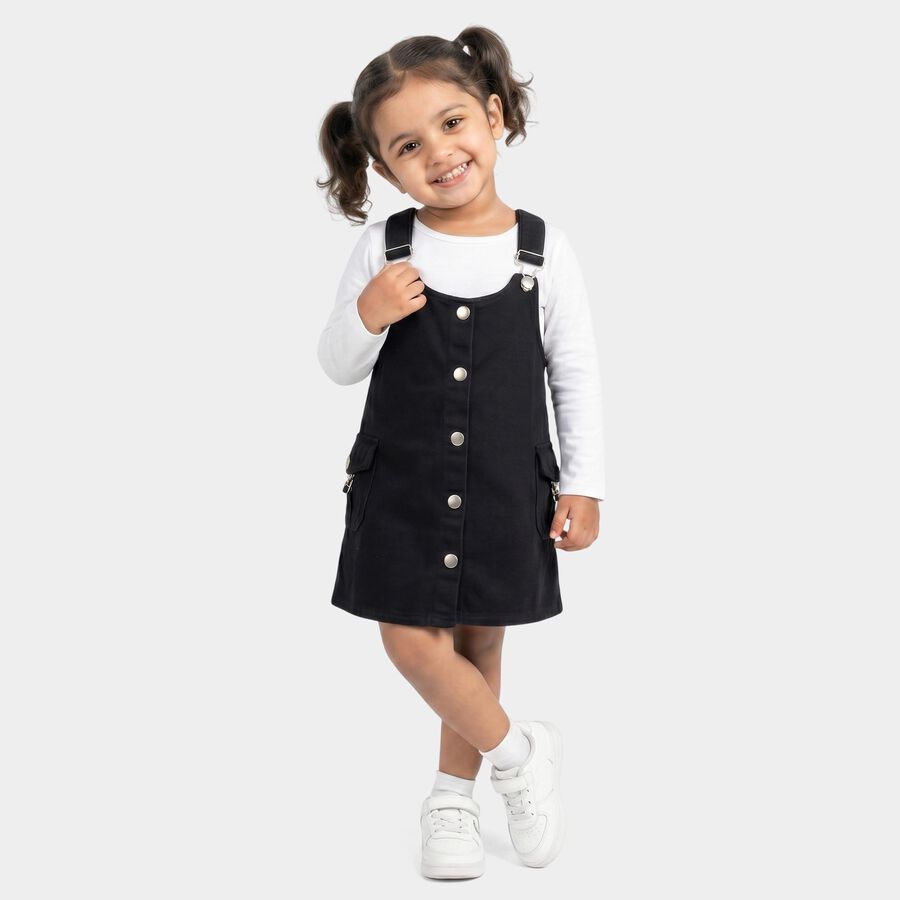Girls' Black A-Line Button Front Pinafore Frock, काला, large