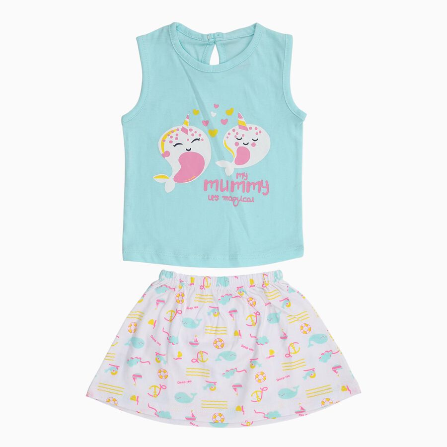 Infants Pastel Blue Cotton Sleeveless Top and Printed Skirt Set, एक्वा, large