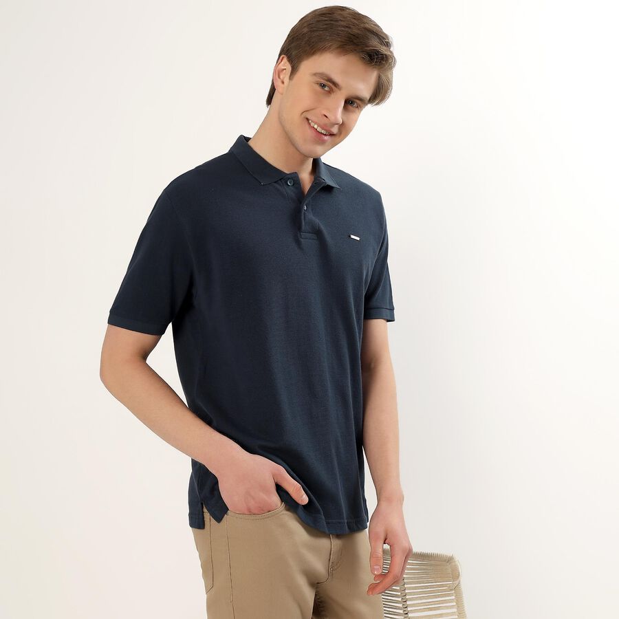 Men's Deep Navy Blue Cotton Polo Collar Classic T-Shirt, Teal Blue, large