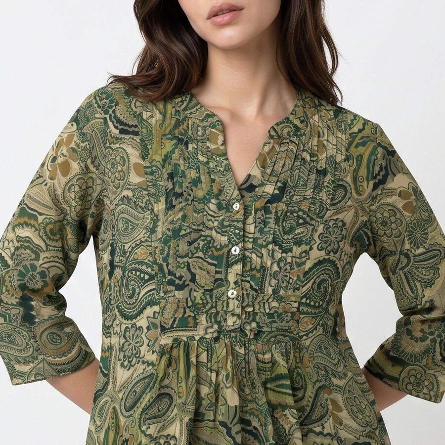 Women's Olive Green V-Neck Printed Kurti, गहरा हरा, large