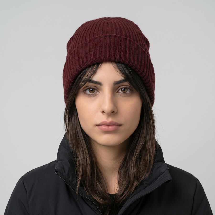 Women's Maroon Ribbed Beanie Cap, वाइन, large
