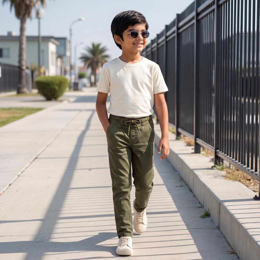 Boys' Olive Green Straight Fit Drawstring Waist Jeans, ओलिव, large