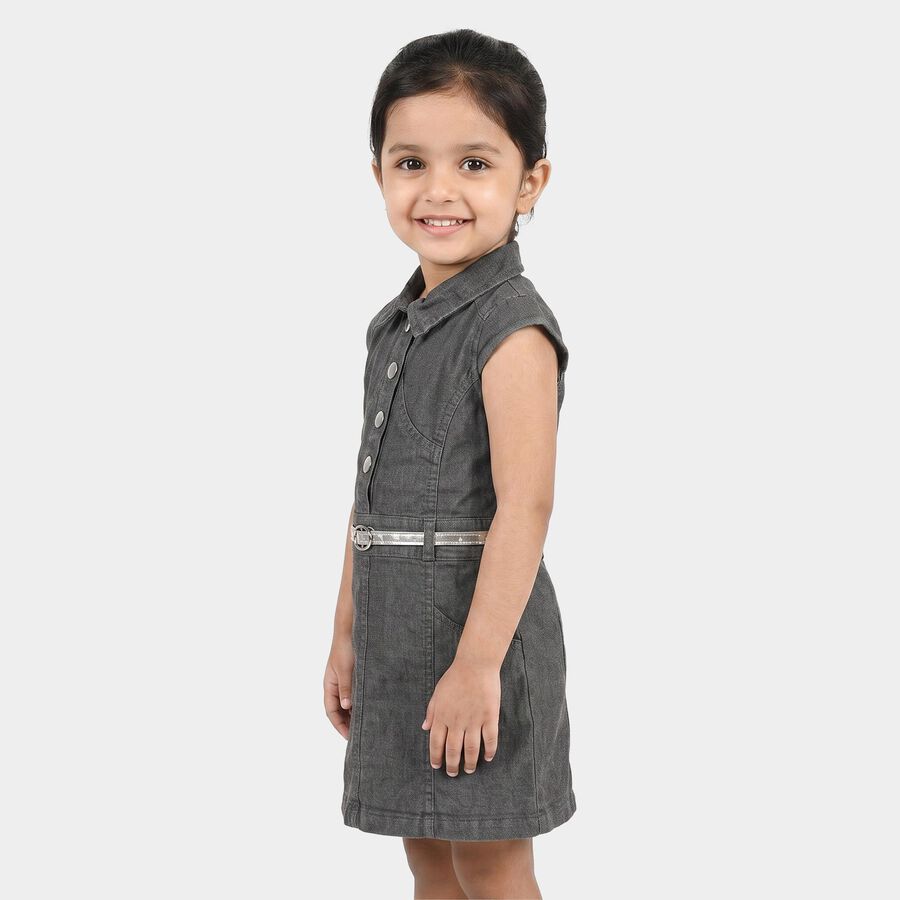 Girls' Grey Shirt Style Belted Frock, हल्का ग्रे, large