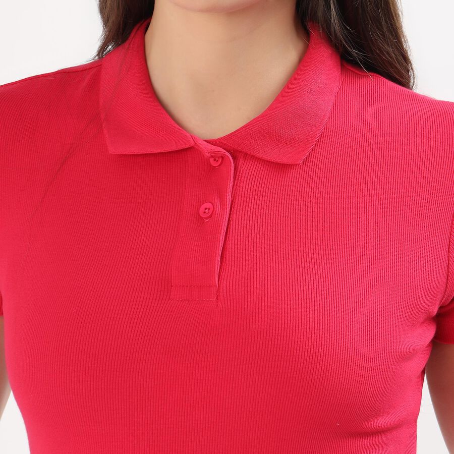 Women's Bright Fuchsia Polo Neck Casual T-Shirt, रानी (फ्यूशिया), large