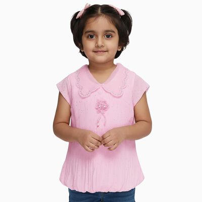 Girls Light Pink Scalloped Collar Casual T-Shirt