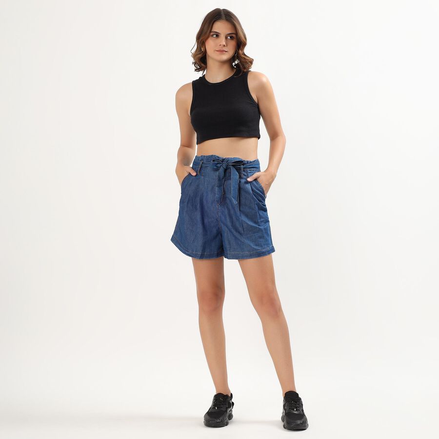 Women's Deep Denim Tie-Waist Relaxed Fit Shorts, नीला, large image number null