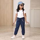 Girls Navy Blue Jogger Fit Embroidered Jeans, Dark Blue, small