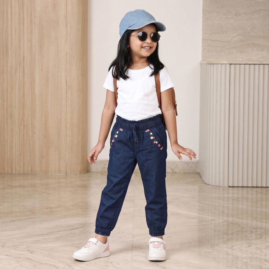 Girls Navy Blue Jogger Fit Embroidered Jeans, Dark Blue, large