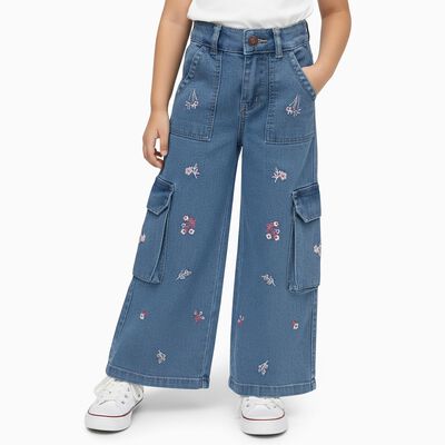 Girls' Light Blue Wide Leg Embroidered Cargo Jeans