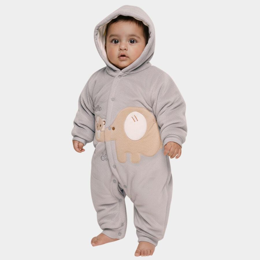 Infants' Light Grey Hooded Elephant Appliqué Baba Suit, हल्का ग्रे, large image number null