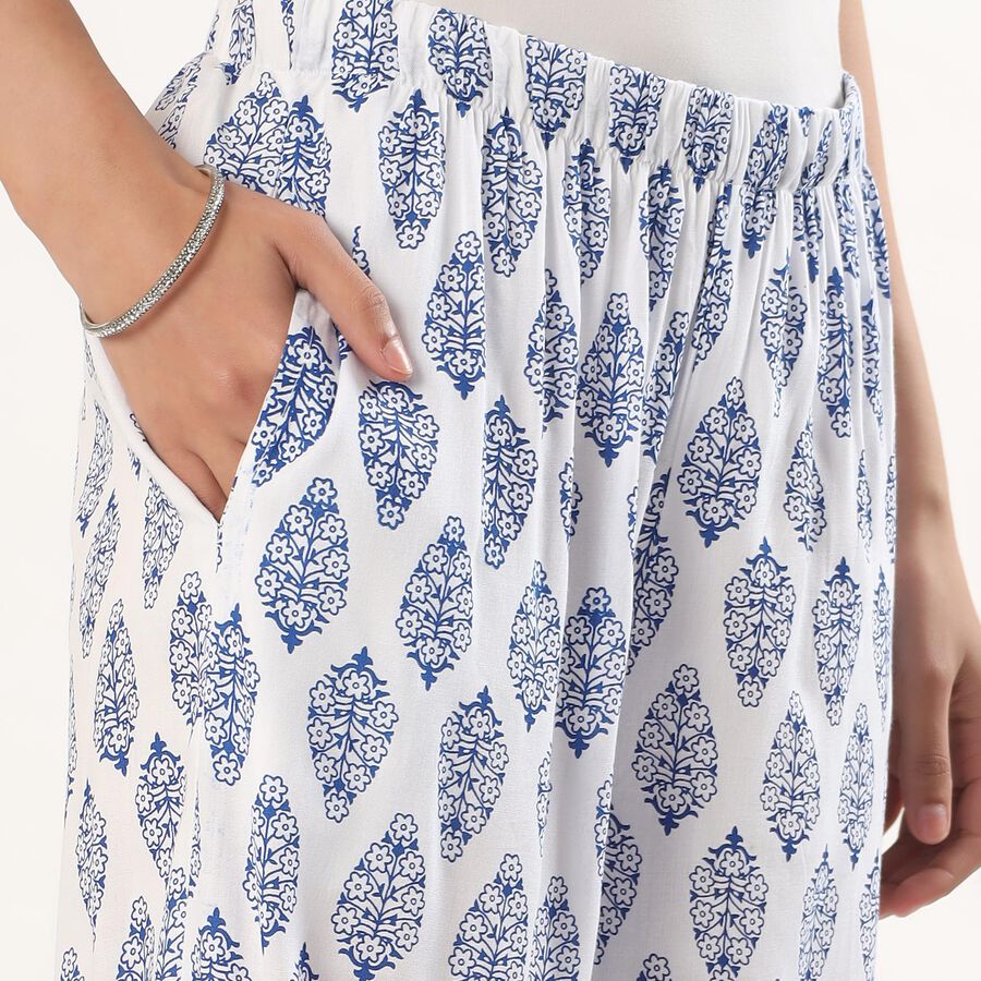 Women's White and Blue Printed Wide-Leg Palazzos, सफ़ेद, large image number null