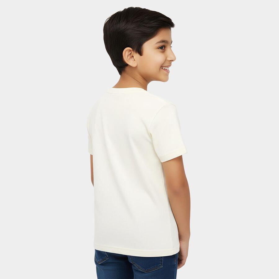 Boys' White Round Neck Casual T-Shirt, सफ़ेद, large