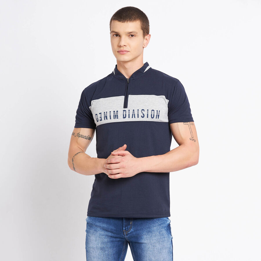 Cut & Sew Henley T-Shirt, Navy Blue, large image number null