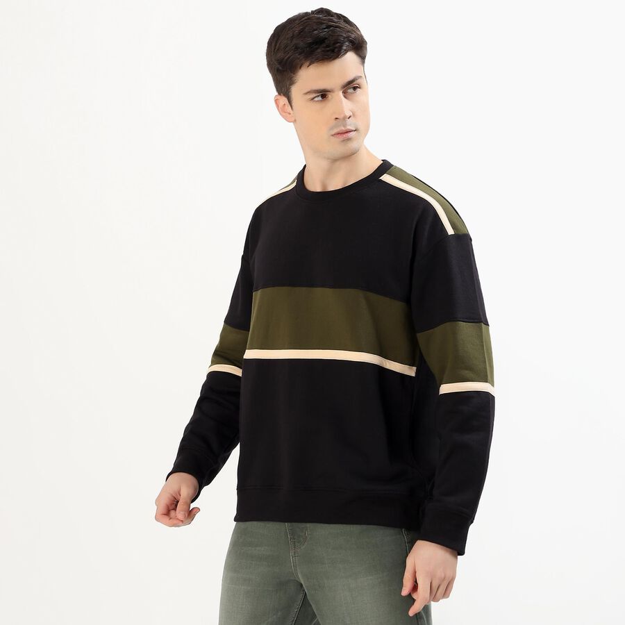 Men's Jet Black and Olive Green Crew Neck Casual Sweatshirt, काला, large image number null