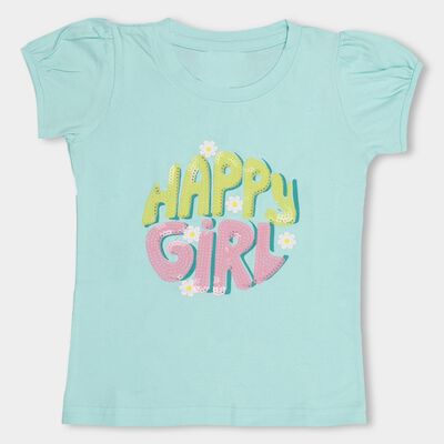 Girls Aqua Blue Cotton Crew Neck Short Sleeve T-Shirt