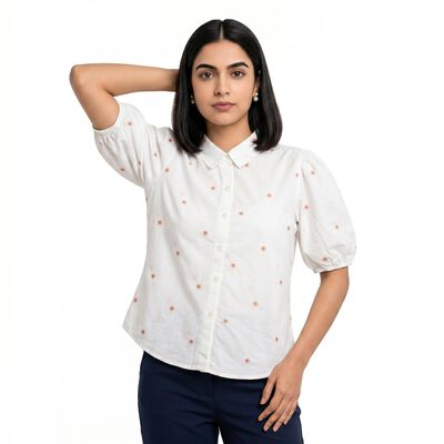 Women's White Cotton Half Sleeves Collar Regular Fit Shirt