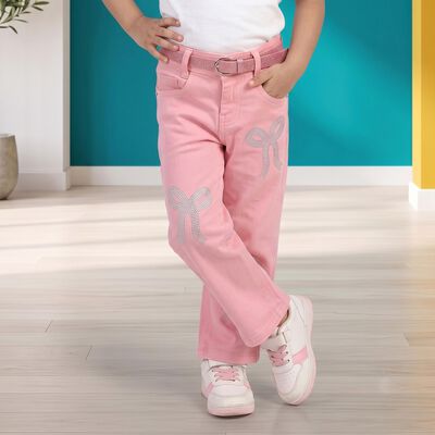 Girls Pink Straight Fit Embellished Jeans