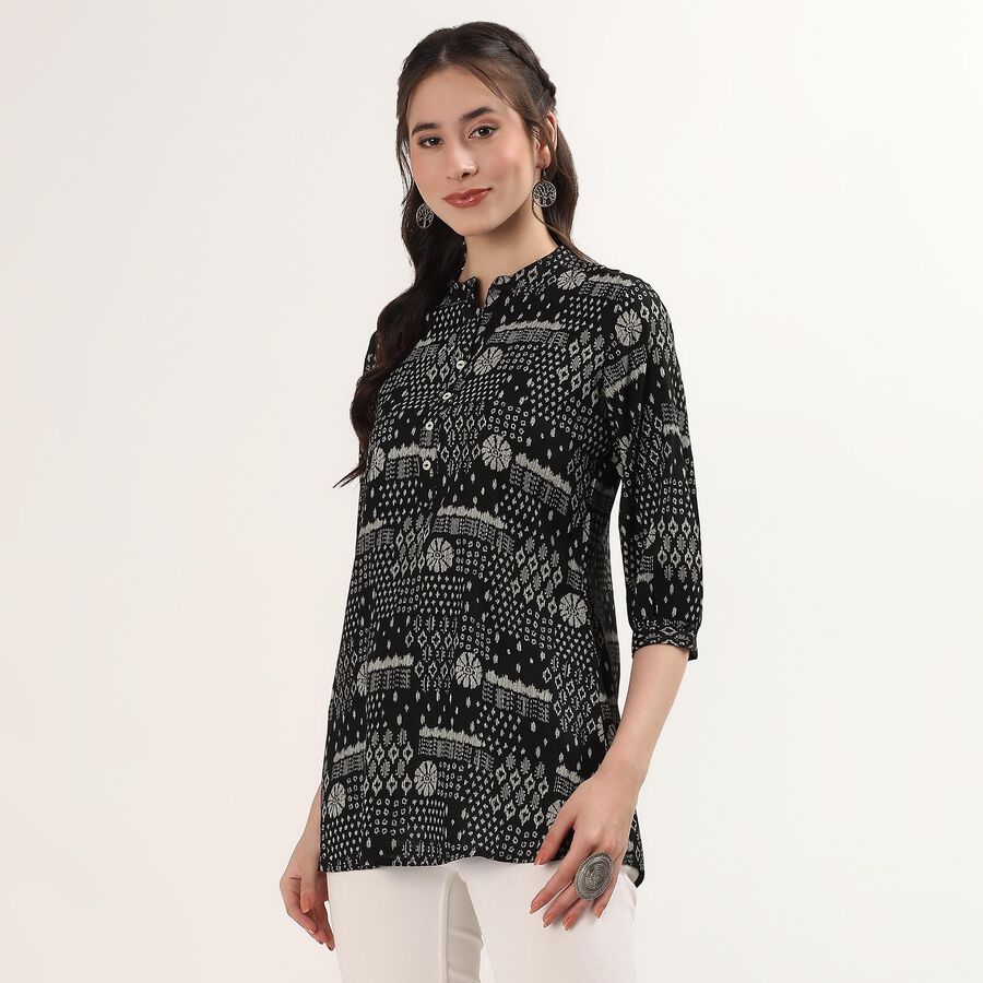 Women's Black Notch Neck Printed Straight Kurti, Black, large