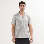 Men's Muted Grey Striped Cuban Collar Casual Shirt, Dark Grey, small