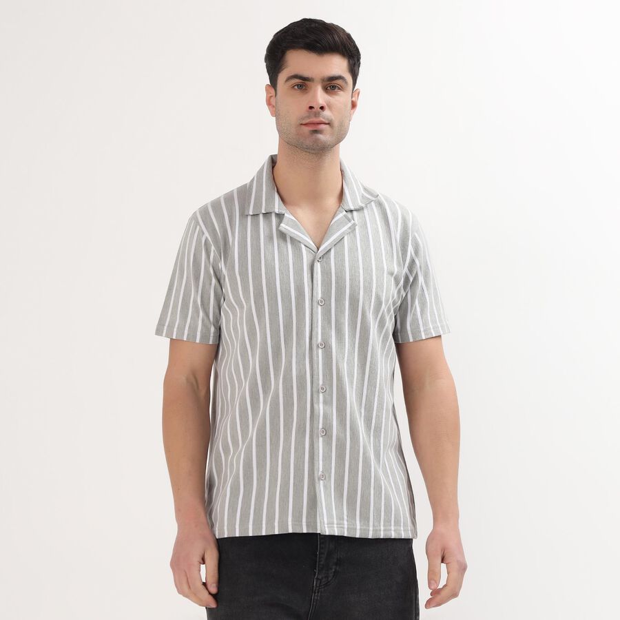 Men's Muted Grey Striped Cuban Collar Casual Shirt, Dark Grey, large