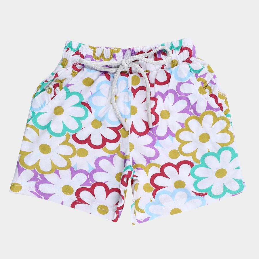 Girls' White Floral Cotton Elastic Waist Shorts, सफ़ेद, large