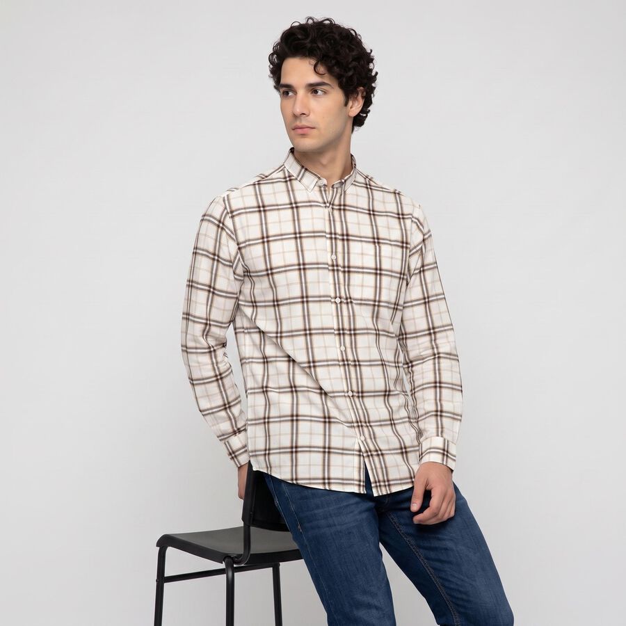 Men's Off White Cotton Long Sleeves Spread Collar Casual Shirt, Off White, large
