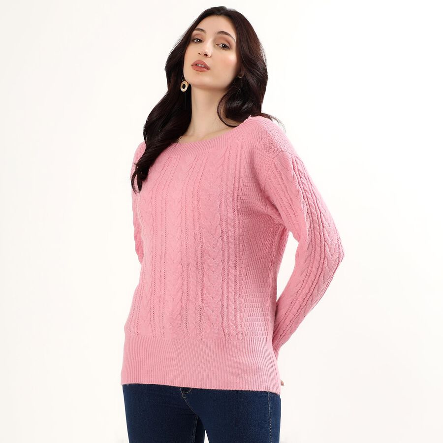 Women's Soft Pink Round Neck Casual Pullover, गुलाबी, large image number null