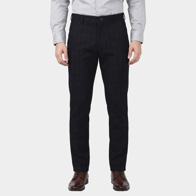Men's Navy Blue Slim Fit Flat-Front Casual Trousers