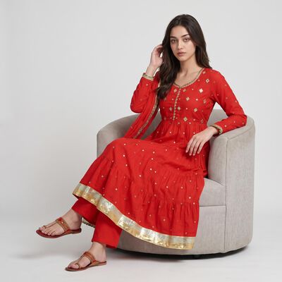 Women's Red Cotton Round Neck Embroidered Anarkali Kurta