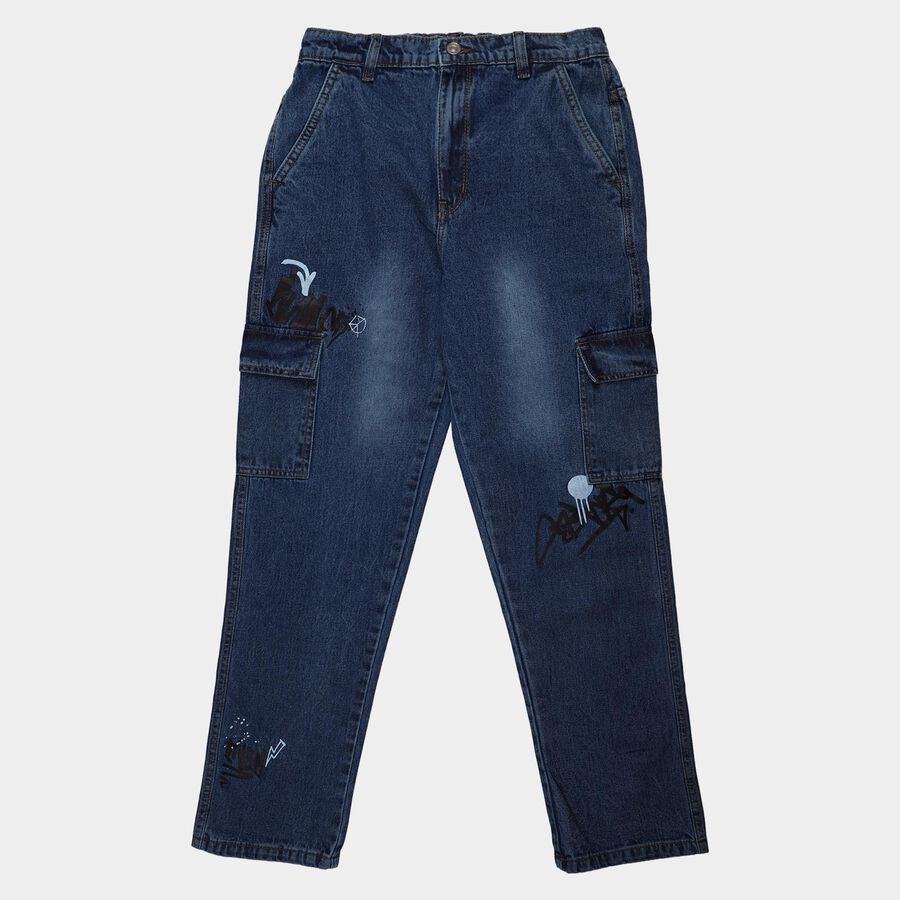 Boys' Blue Regular Fit Elastic Waist Jeans, Mid Blue, large