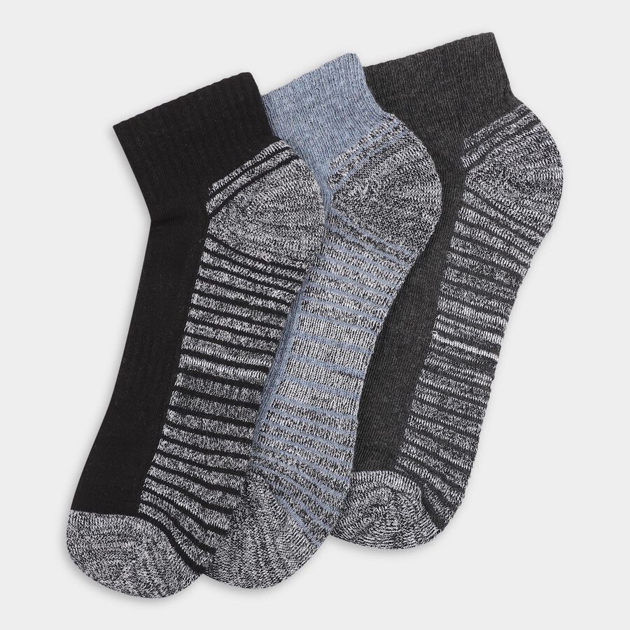 Men's Jet Black and Steel Blue Regular Fit Striped Ankle-Length Socks Pack of 3, मध्यम नीला, large image number null
