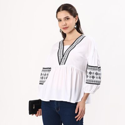 Women's Snow White Embroidered V Neck Bohemian Shirt