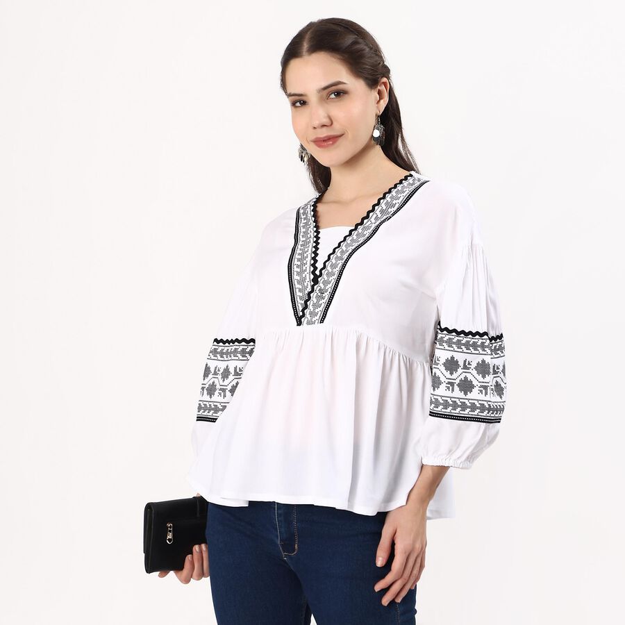 Women's Snow White Embroidered V Neck Bohemian Shirt, White, large