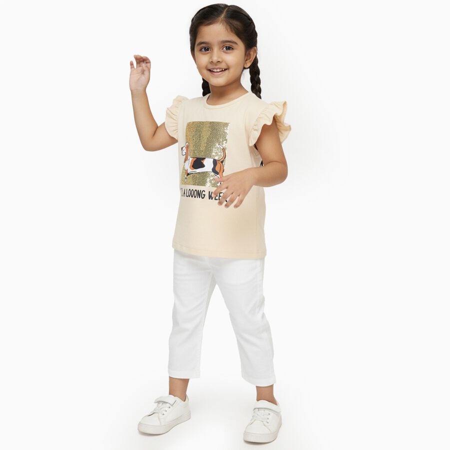 Girls Light Beige Cotton Round Neck Casual T-Shirt, गहरा पीला, large image number null