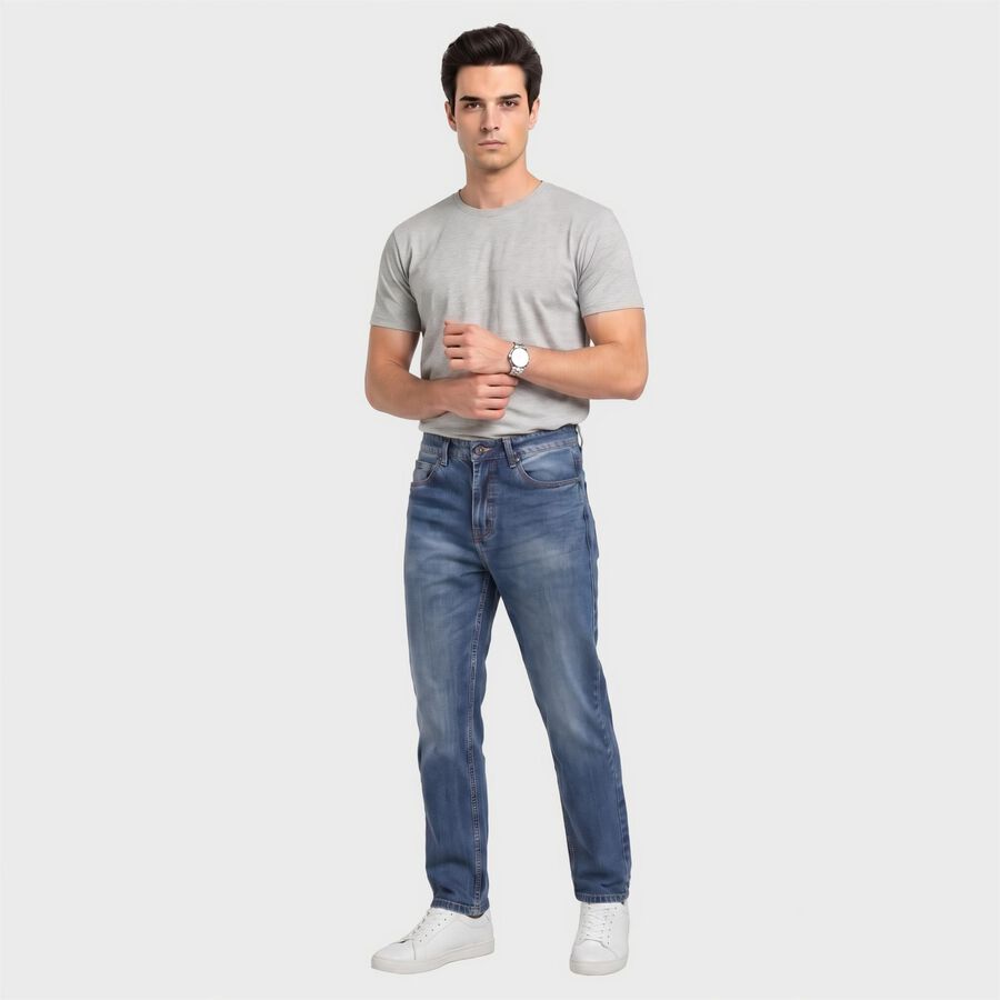 Men's Blue Straight Fit Faded Jeans, गहरा नीला, large