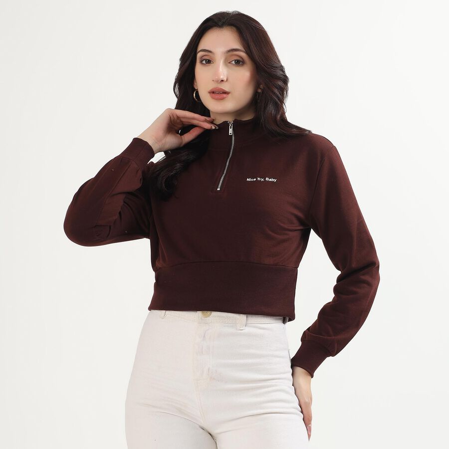 Women's Deep Brown High Neck Casual Sweatshirt, भूरा, large image number null