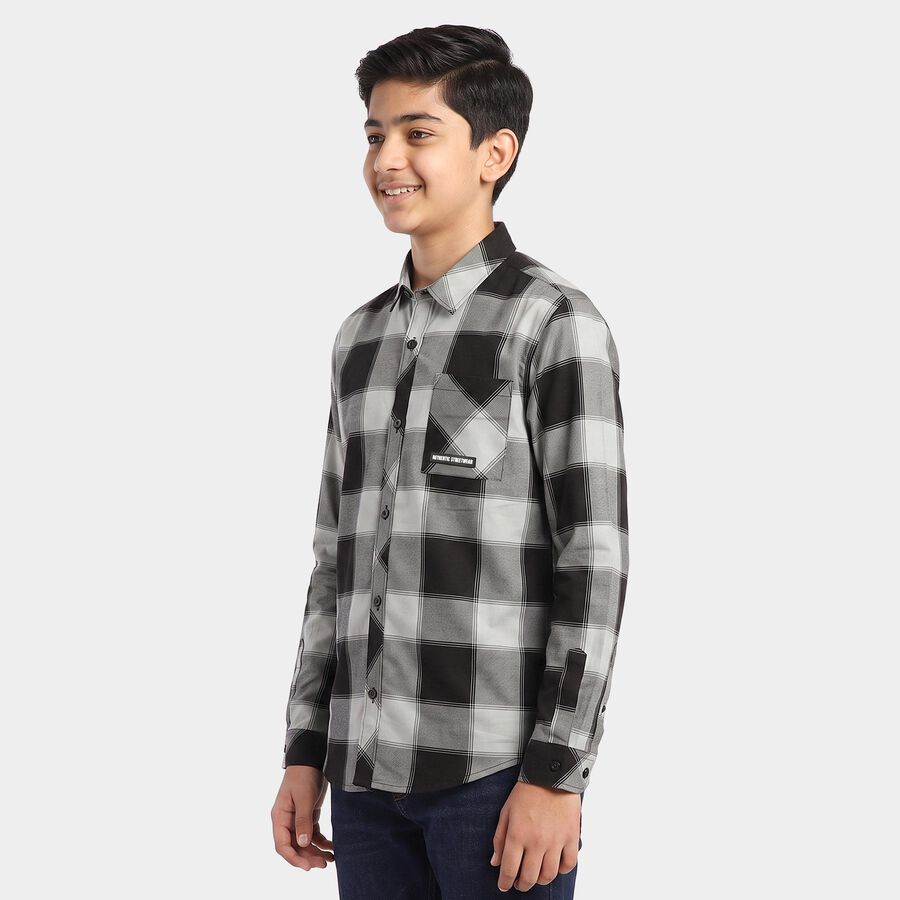 Boys Black Cotton Checked Shirt, Black, large