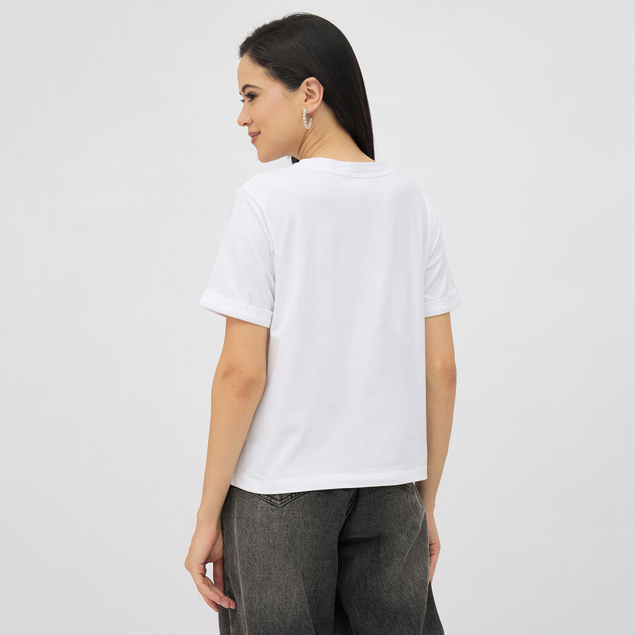 Women's White Cotton Round Neck Printed T-Shirt, सफ़ेद, large image number null
