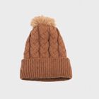 Women's Brown Cable Knit Pom-Pom Beanie Cap, भूरा, small