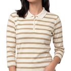 Women's Beige Polo Neck Striped Regular Top, Beige, small