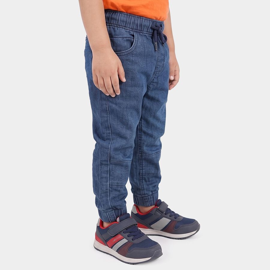 Boys' Navy Blue Jogger Fit Paneled Jeans, गहरा नीला, large