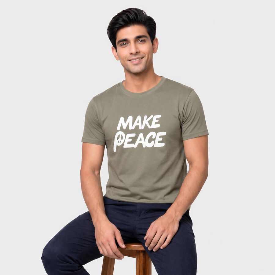Men's Olive Green Round Neck Regular T-Shirt, Light Green, large
