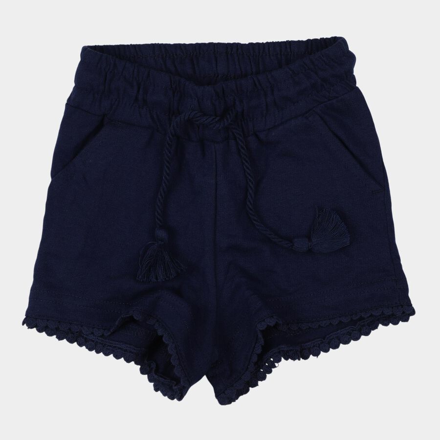 Girls' Navy Blue Scalloped Hem Cotton Blend Shorts, Navy Blue, large