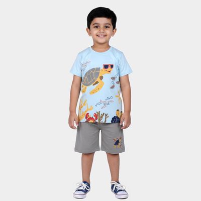 Boys Light Blue Cotton Round Neck Graphic Print Baba Suit